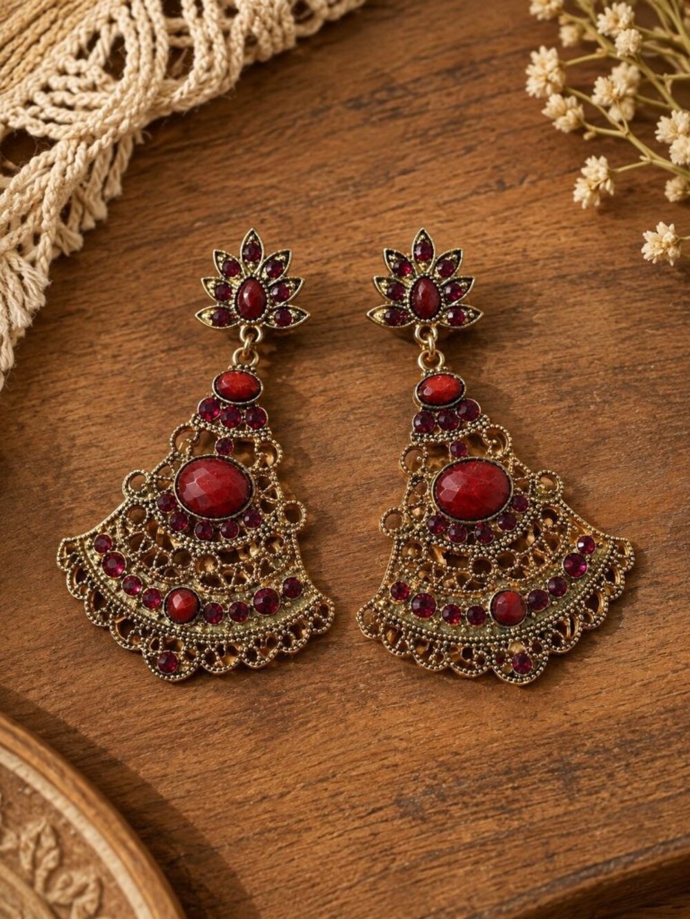 Boho Drop Earrings Filigree Red Stone Floral Design 2.5 Inches Gold Tone Gift